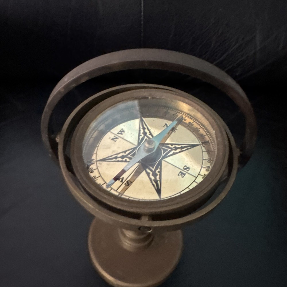 Vintage Solid Brass 7” Floating Gimbal Compass Nautical Decor