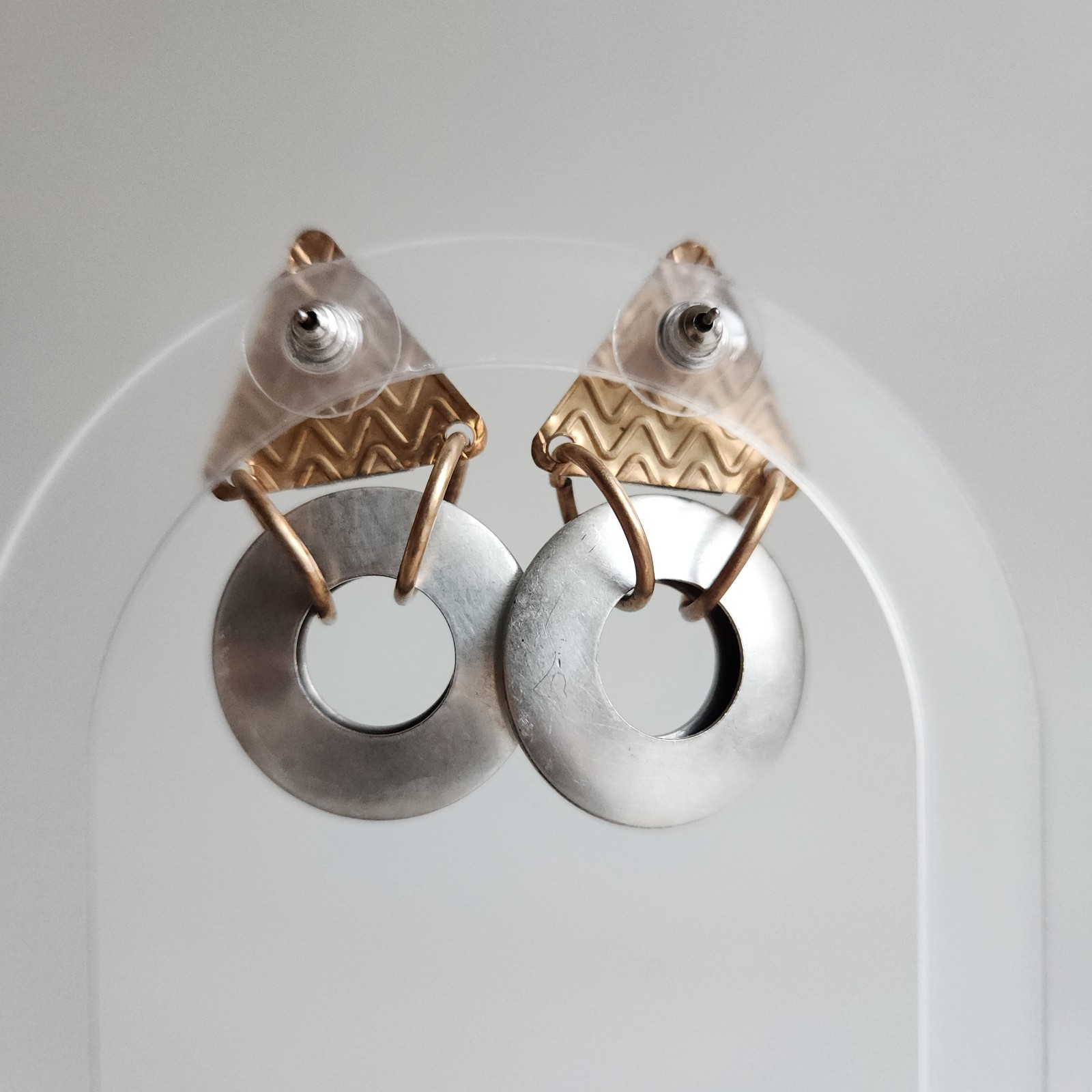 Handcrafted Geometric Artisan Post Earrings — Brass & Silver-Tone Disc Dangle