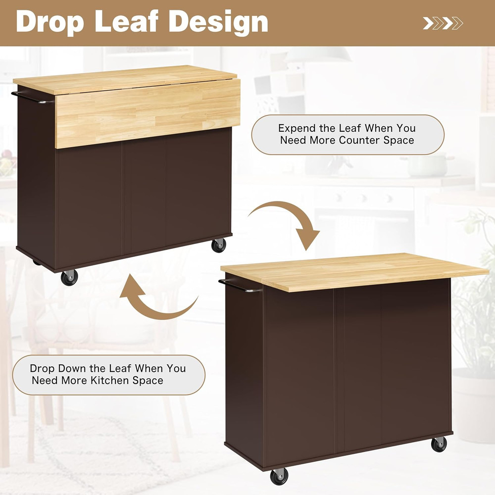 Kitchen Island with Folding Drop Leaf, Rolling Island Table with Storage, Kitche