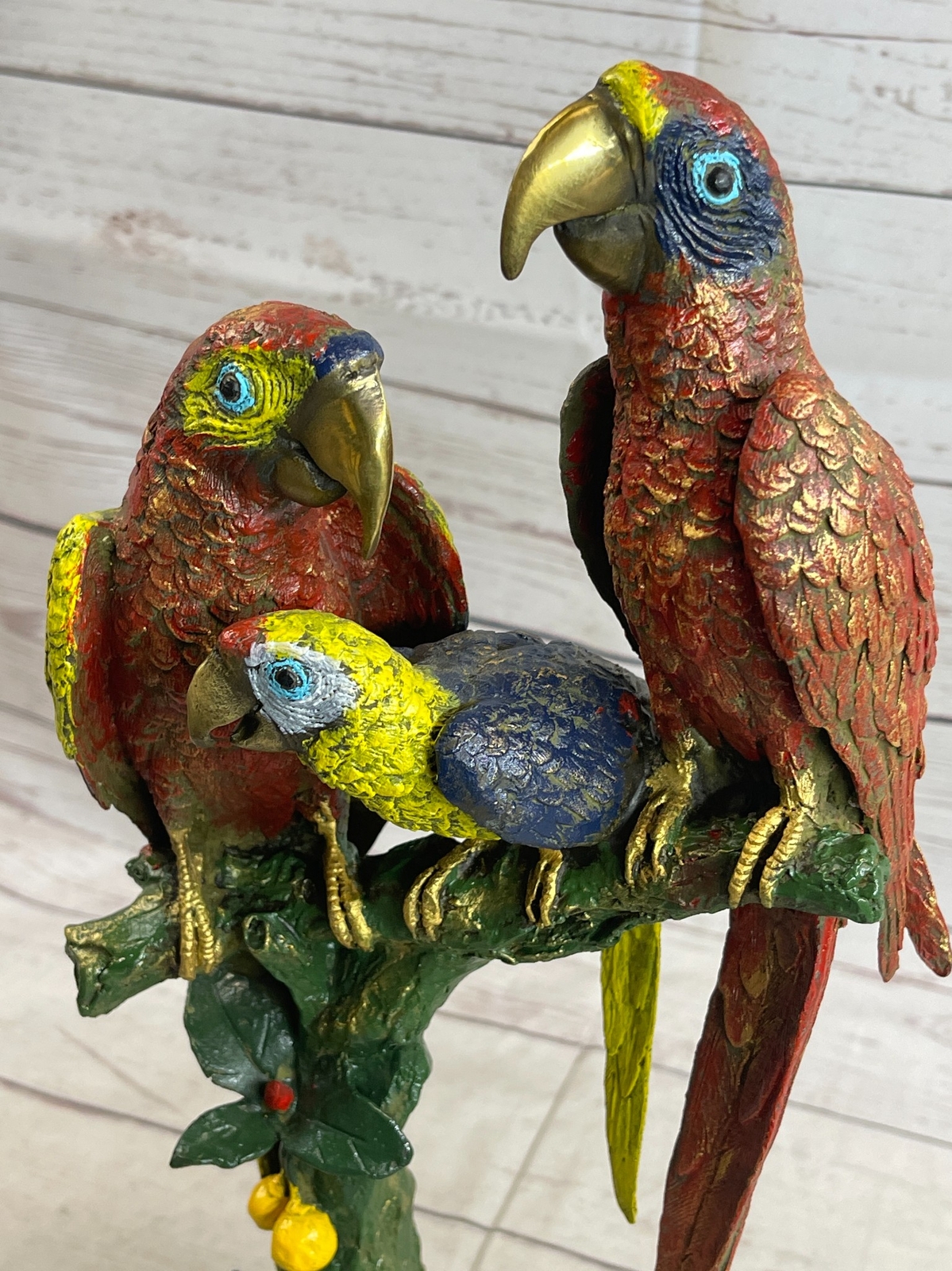 Three Macaw Parrots on a Branch Bronze Metal Statue Sculpture Colorful Decor Art