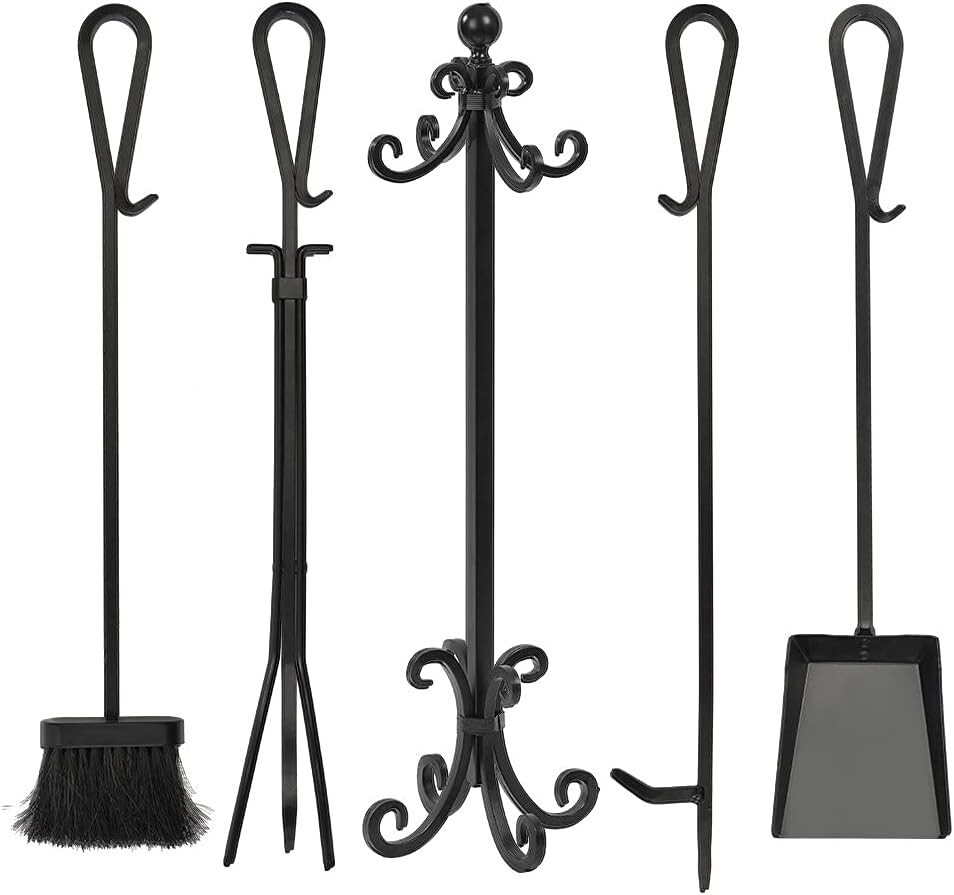 Rustic 5-Piece Fireplace Tool Set with Heavy-Duty Base and Ergonomic Tools