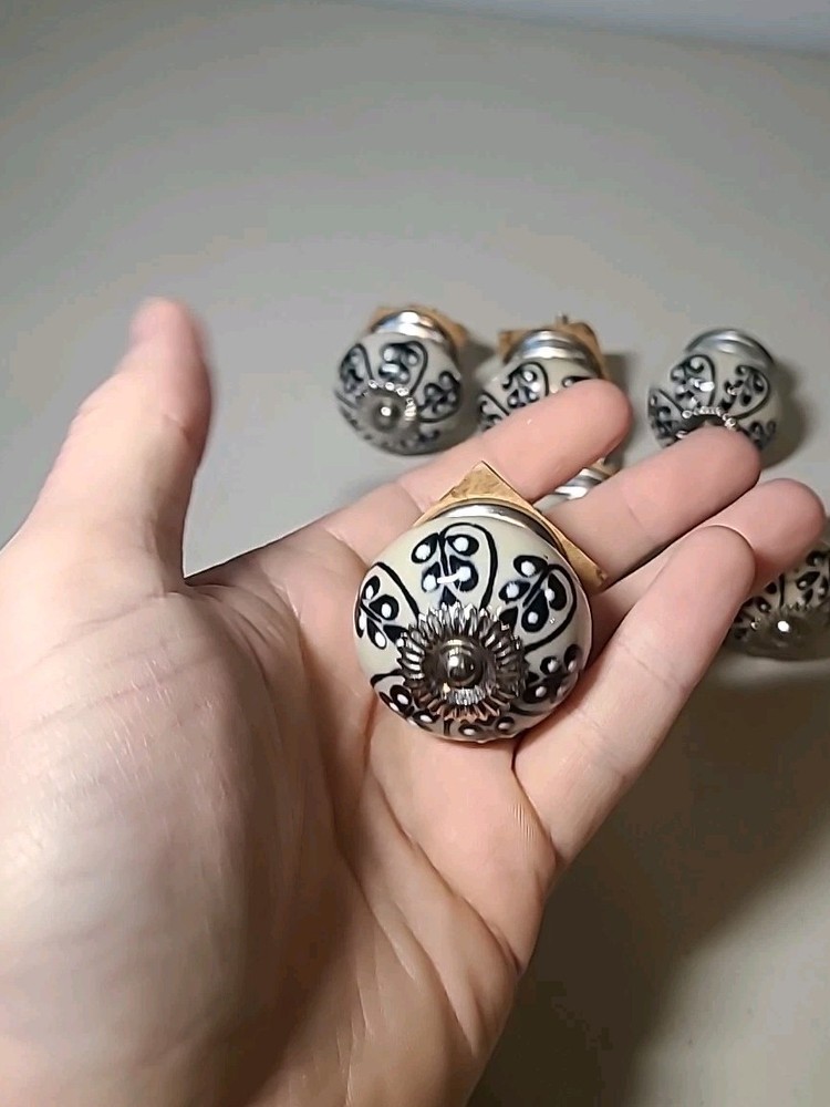 6 Antique Style Ceramic Hand Decorated Silver Tone Drawer Pulls Knobs Flowers