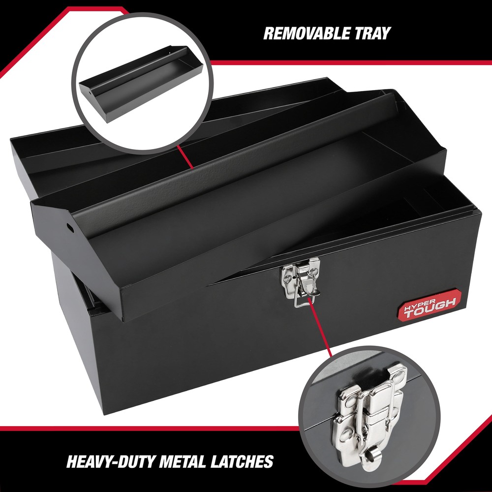 16-inch Black Metal Tool Box with Removable Tool Tray