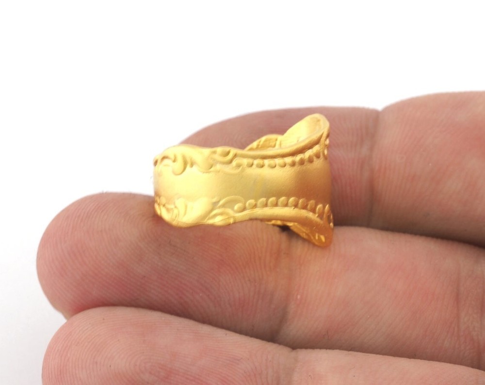 Spoon Ring Leaf Flower Patterned Adjustable Ring Matte Gold Plated Brass 3221