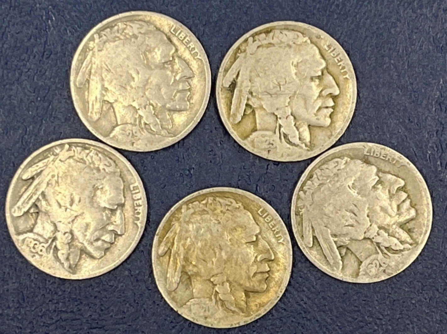 Lot of (5) BUFFALO Indian Head Nickel Coins Partial Dates - All Different Years!
