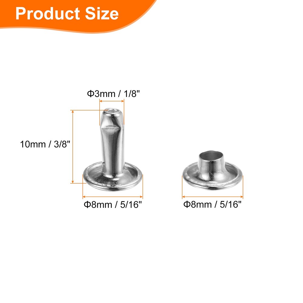 100Sets Double Cap Rivet 8x10mm Carbon Steel Round Head Snap Studs, Silver