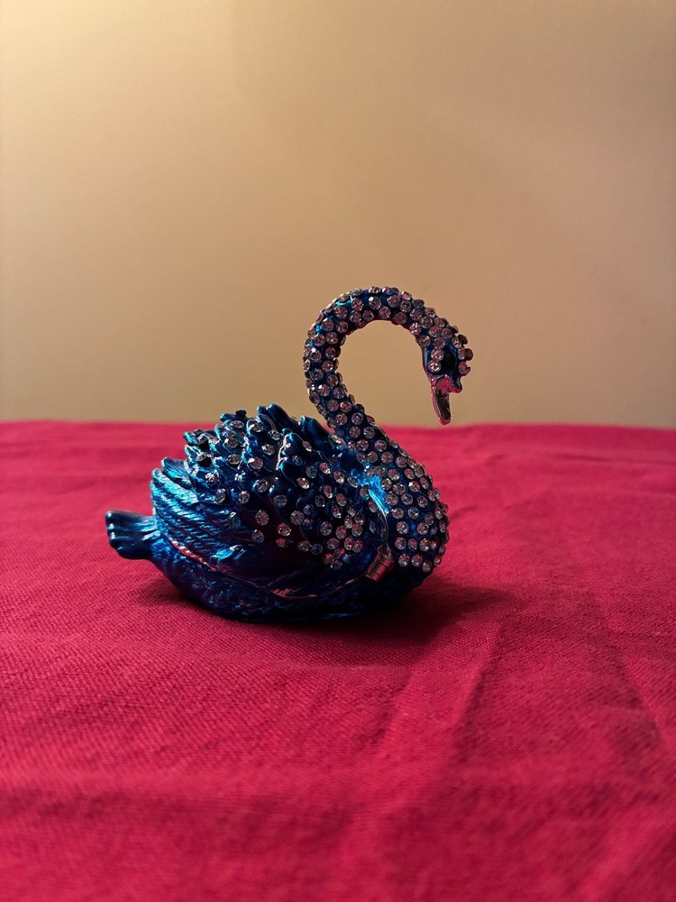 Blue Rhinestone Swan Hinged Enamel Trinket Box - quantities available