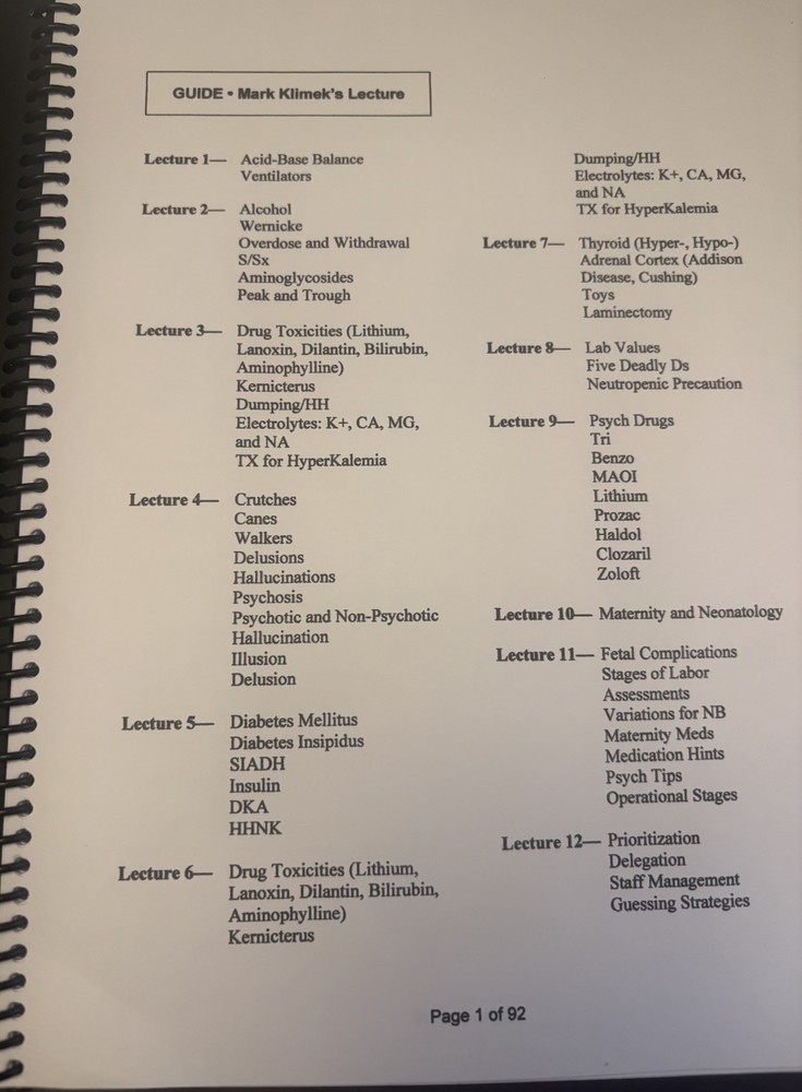 Nclex Lecture Note Mark Klimek 12 lectures Printed Notes.