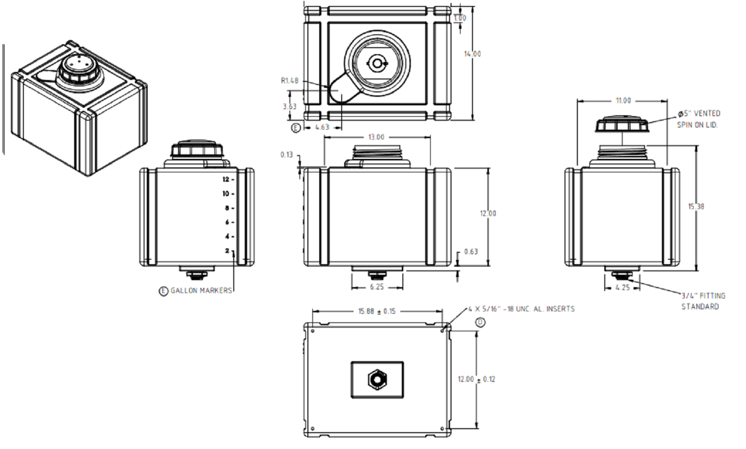 SP0012-RT Ace Roto-Mold 12 Gallon Rectangle Applicator Tank - Sumped 14 x18x12