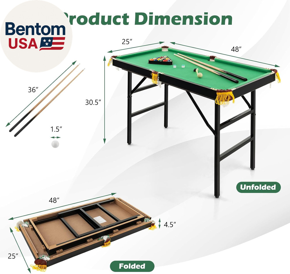 48" Pool Table, Foldable Billiards Table with 2 Cue Sticks, 16 Balls, Triangle,