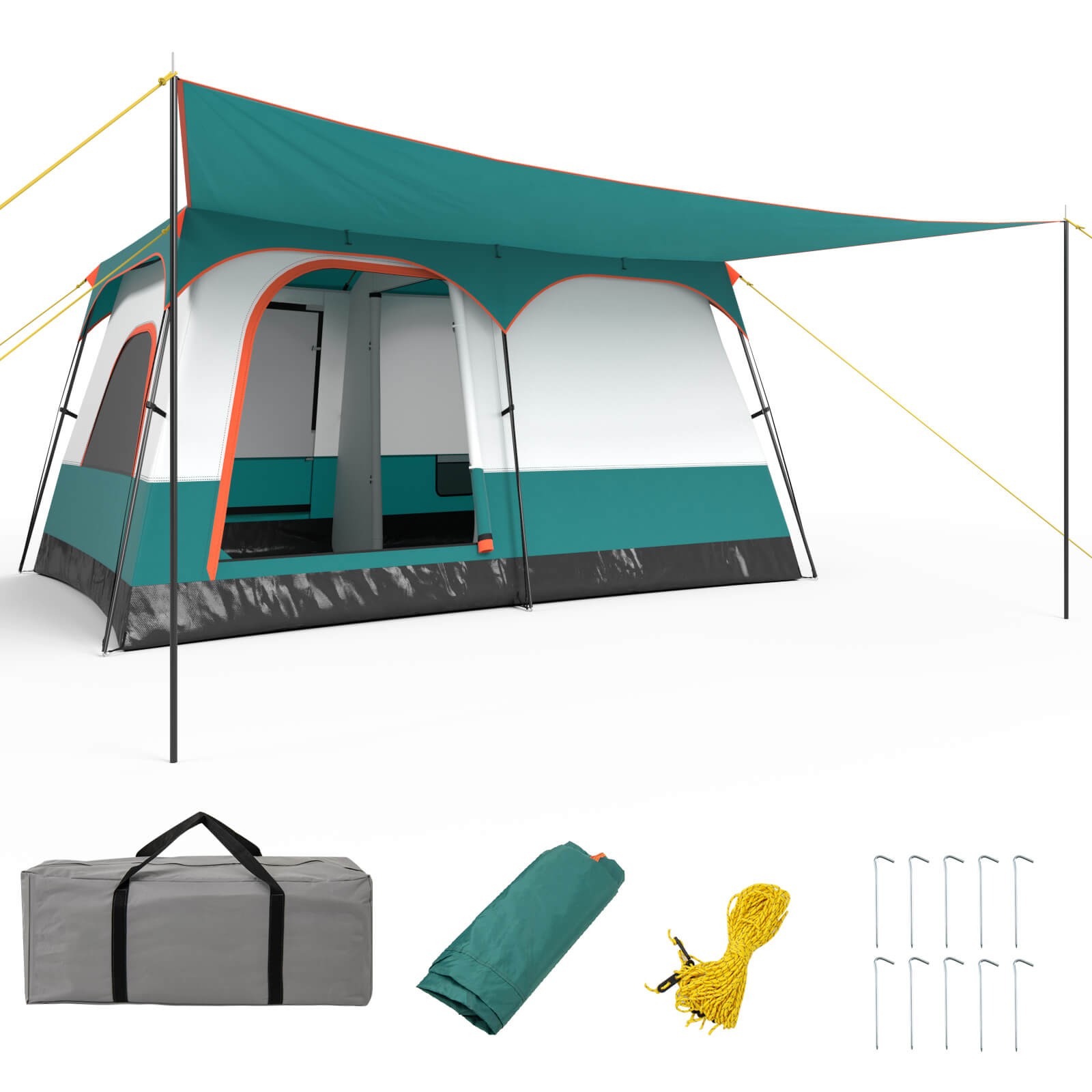 8-Person Camping Tent with Porch Large Family Cabin Tent with 2 Rooms 2 Doors