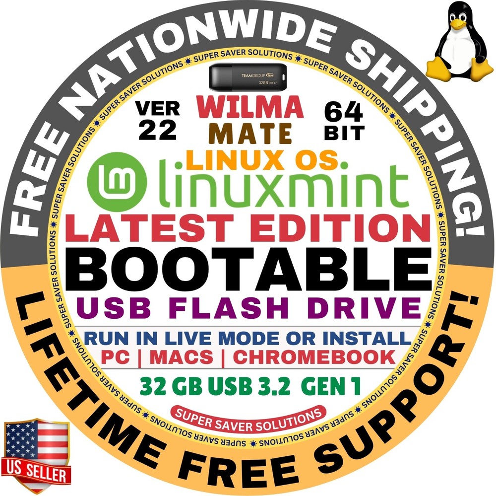 Linux MINT 22 USB WILMA MATE, 64-Bit Live Boot, Full Install for MAC, PC