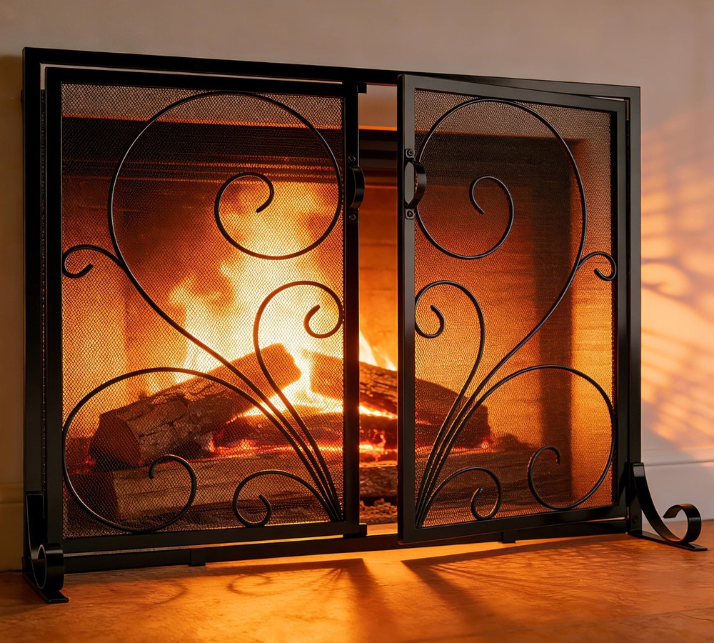 Flat Fireplace Screen with Doors,Solid Wrought Iron Frame with Metal Mesh, Fl...