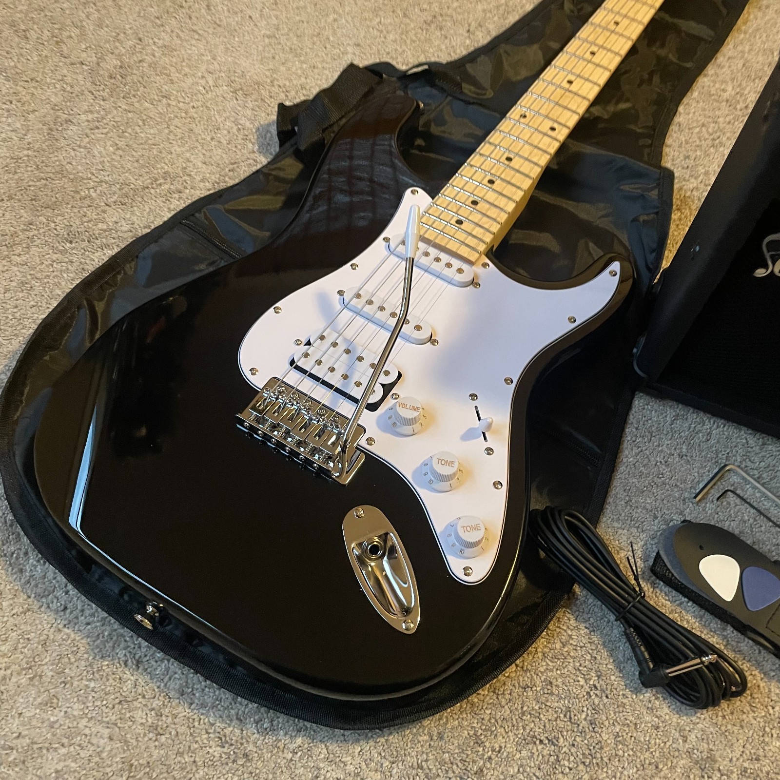 Full-Size Black Electric Guitar Starter Package with 20-Watt Amp, HSS Pickups