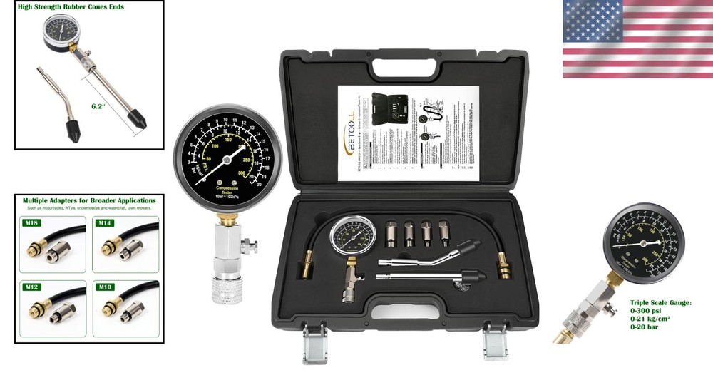 Professional 8-Piece Engine Compression Testing Kit with Triple Range Gauge