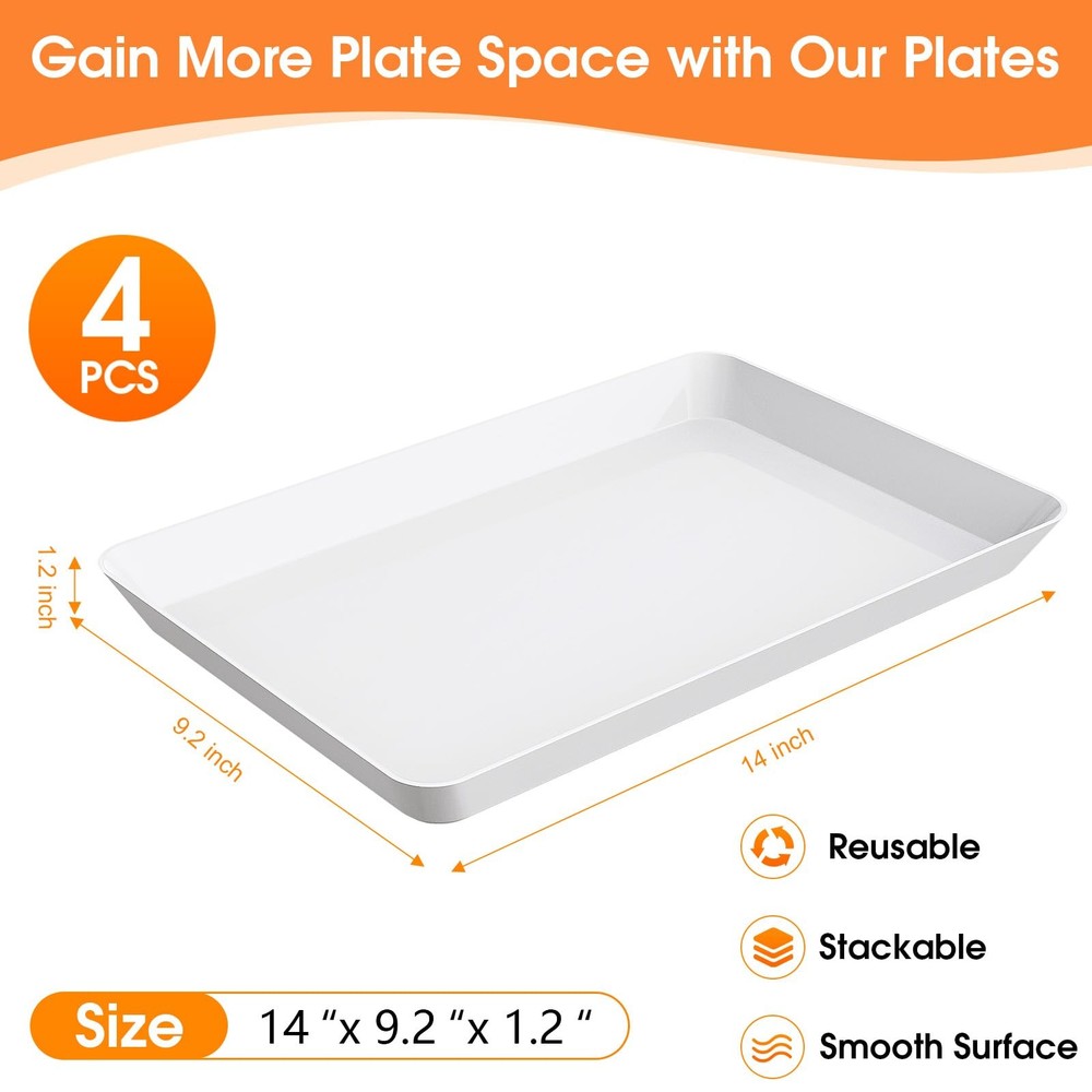 4 PCS Serving Tray Serving Platter Rectangular Plastic Food Display White Stack