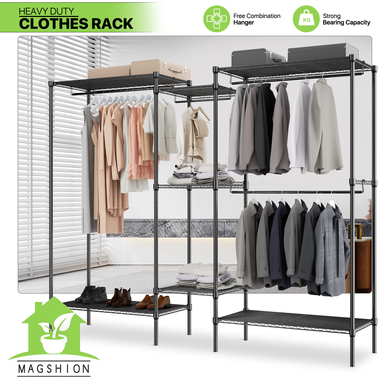 Adjustable Garment Rack Stand Metal Closet Organizer Stand Clothes Storage Shelf