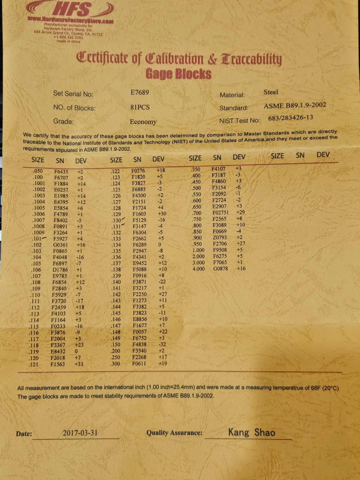 Partial set of HFS Gage Block set- 78 out of 81 gage blocks