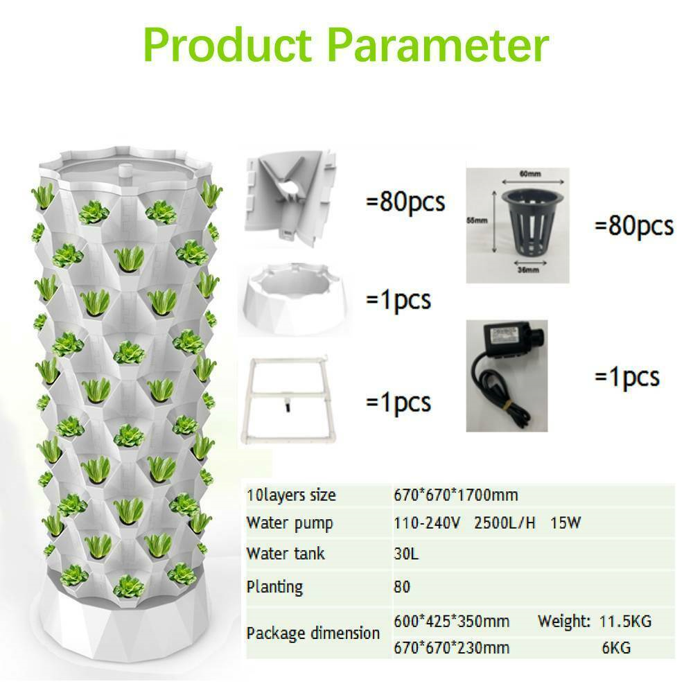 80 Pot Vertical Hydroponics Tower Systems Set Hydroponic Growing Kit Garden Home
