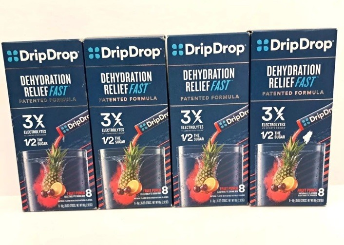 Drip Drop Electrolyte Drink Packets Fruit Punch 4 boxes x 8 packets 32 Total