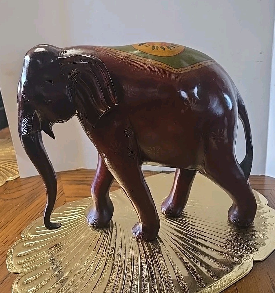 Elephant- Hand Crafted-Soild Wood- Beautiful Accent Painting On Saddle 12"