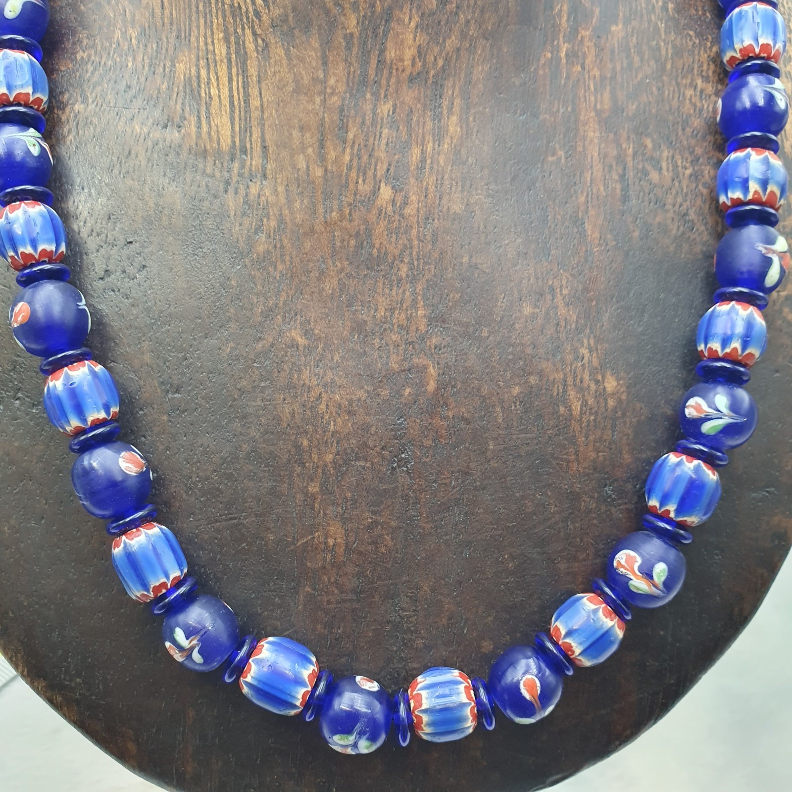Vintage Venetian Cobalt Blue Floral & Striped Murano Style Beaded Necklace