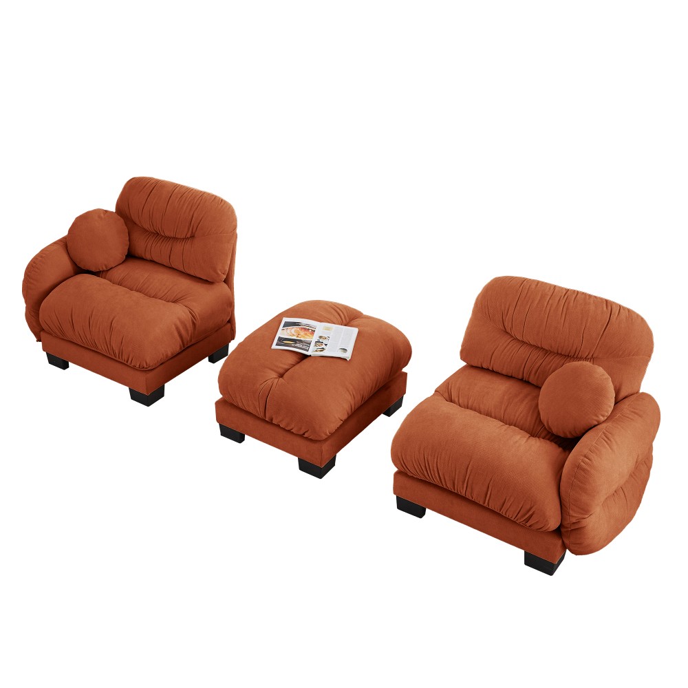 Orange L-Shape Sectional Sofa w/ Ottoman & Throw Pillows, Modular Chenille Couch