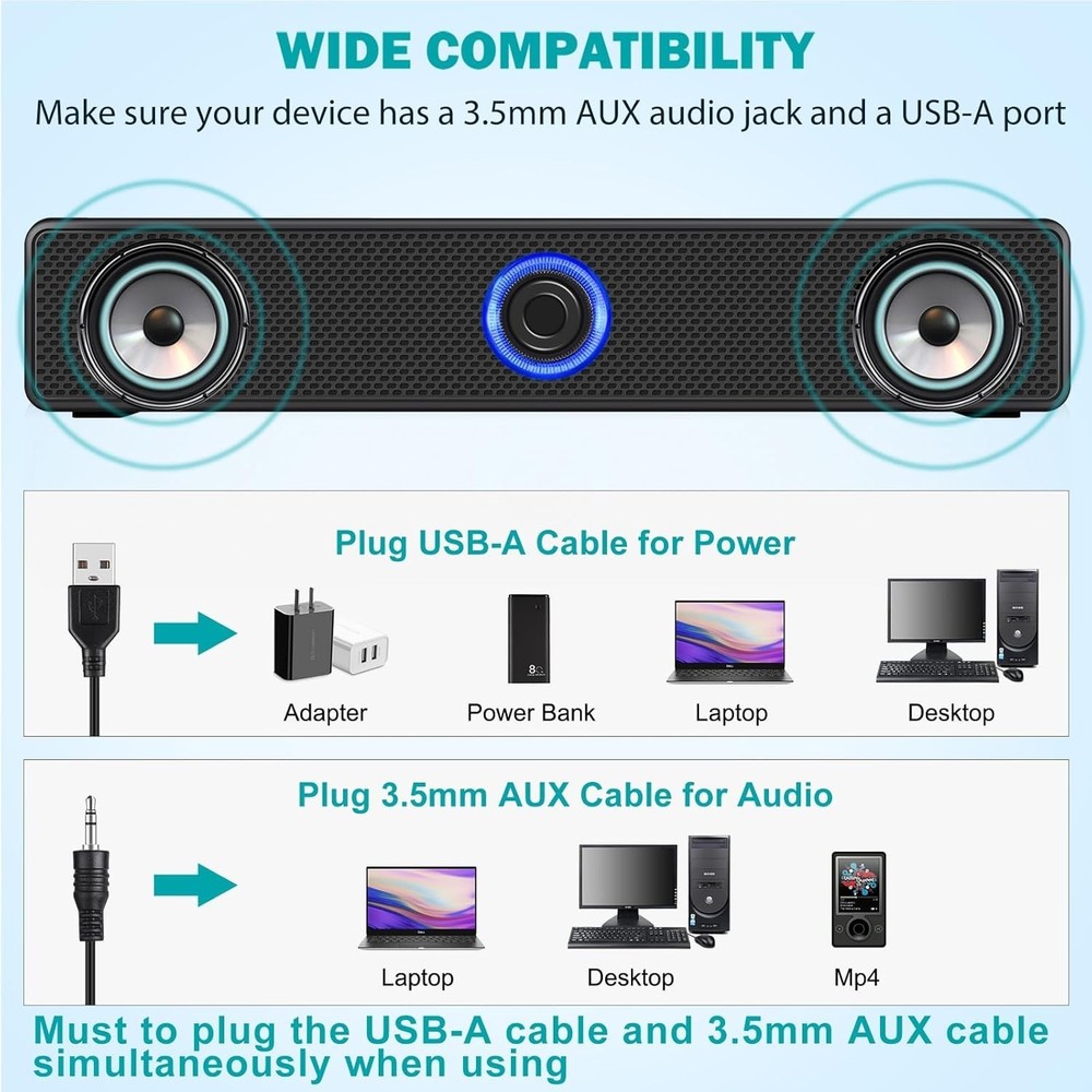 USB-A Powered Stereo Desktop Speakers - Compact Wired Audio Solution