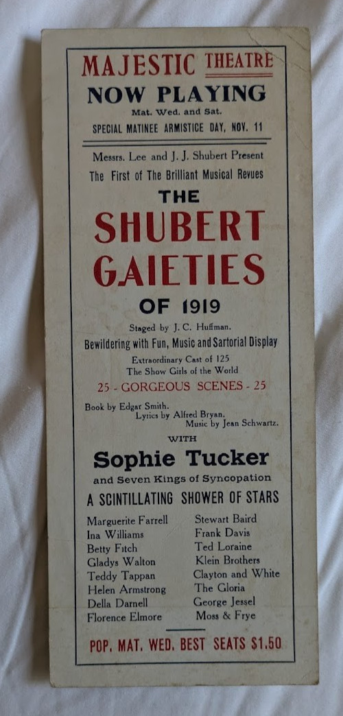 The Shubert Gaieties of 1919 at Majestic Theatre New York w/ Sophie Tucker