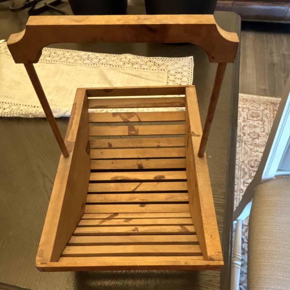 Handcrafted Wood Rectangular Slatted Basket with Handle Rustic Brown Indoor