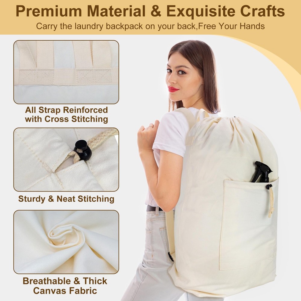 Laundry Bag Backpack, Canvas Laundry Bag with Straps & Drawstring Closure Was...