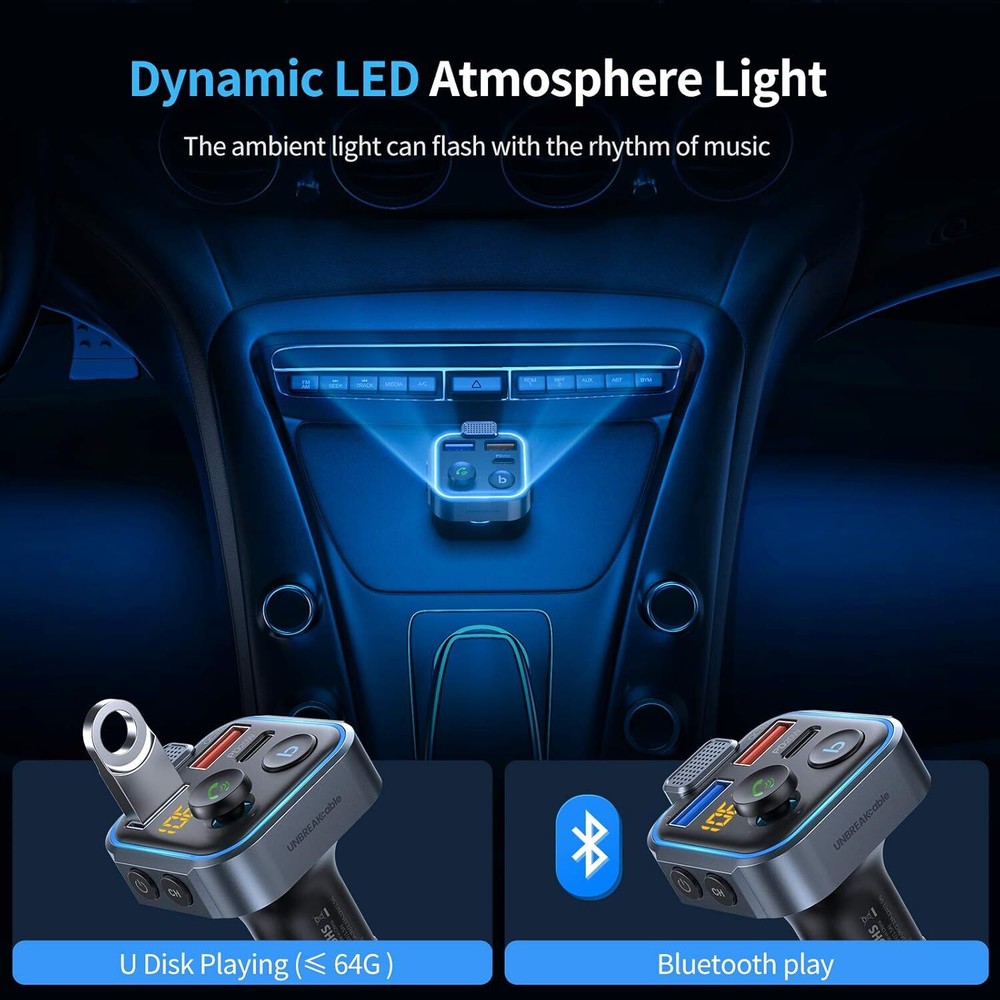 Bluetooth 5.3 Wireless Audio Adapter Fm Transmitter Fast Charging Car Kit