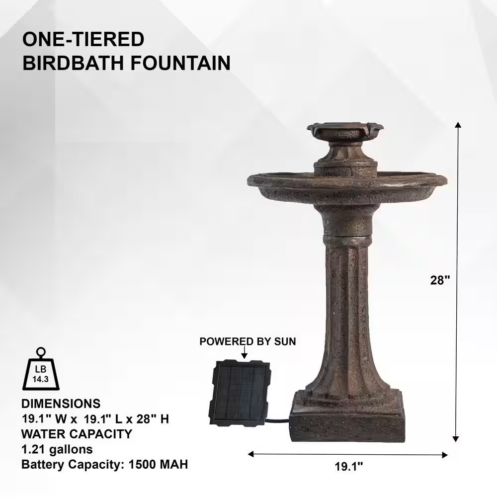 Xbrand 28-Inch Brown Solar Birdbath Fountain with Panel Pump