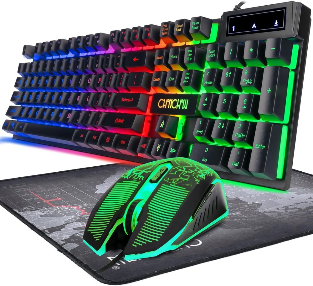 Keyboard Mouse Gaming LED Wired Combo Rainbow Backlit Mechanical Feeling