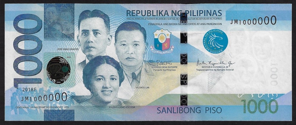 Philippines 1000  Piso, 2018  P- 2011d SERIAL 1000000  GEM UNC