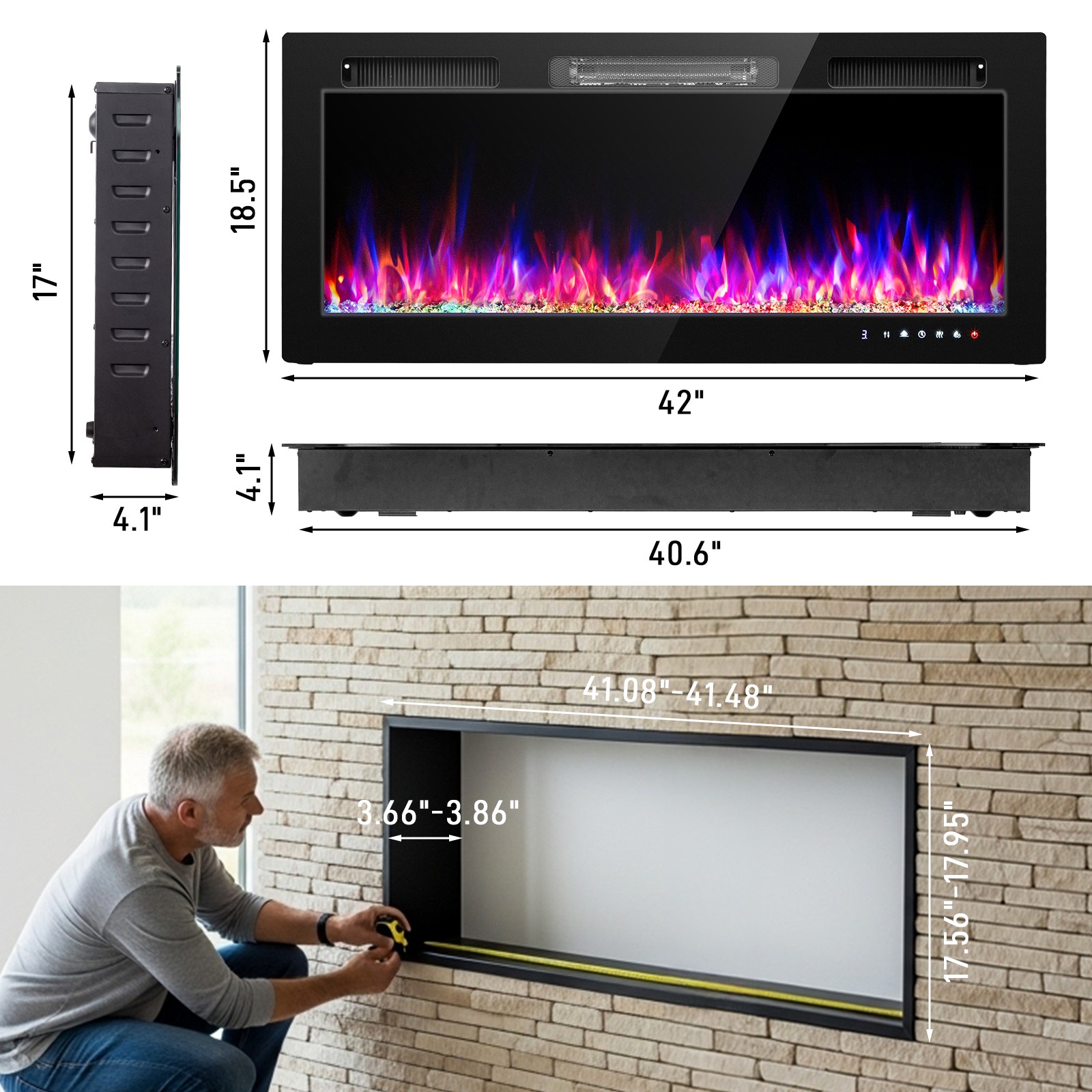 42" Electric Fireplace Insert Wall-Mount Heater 1500W Remote Control & WIFI