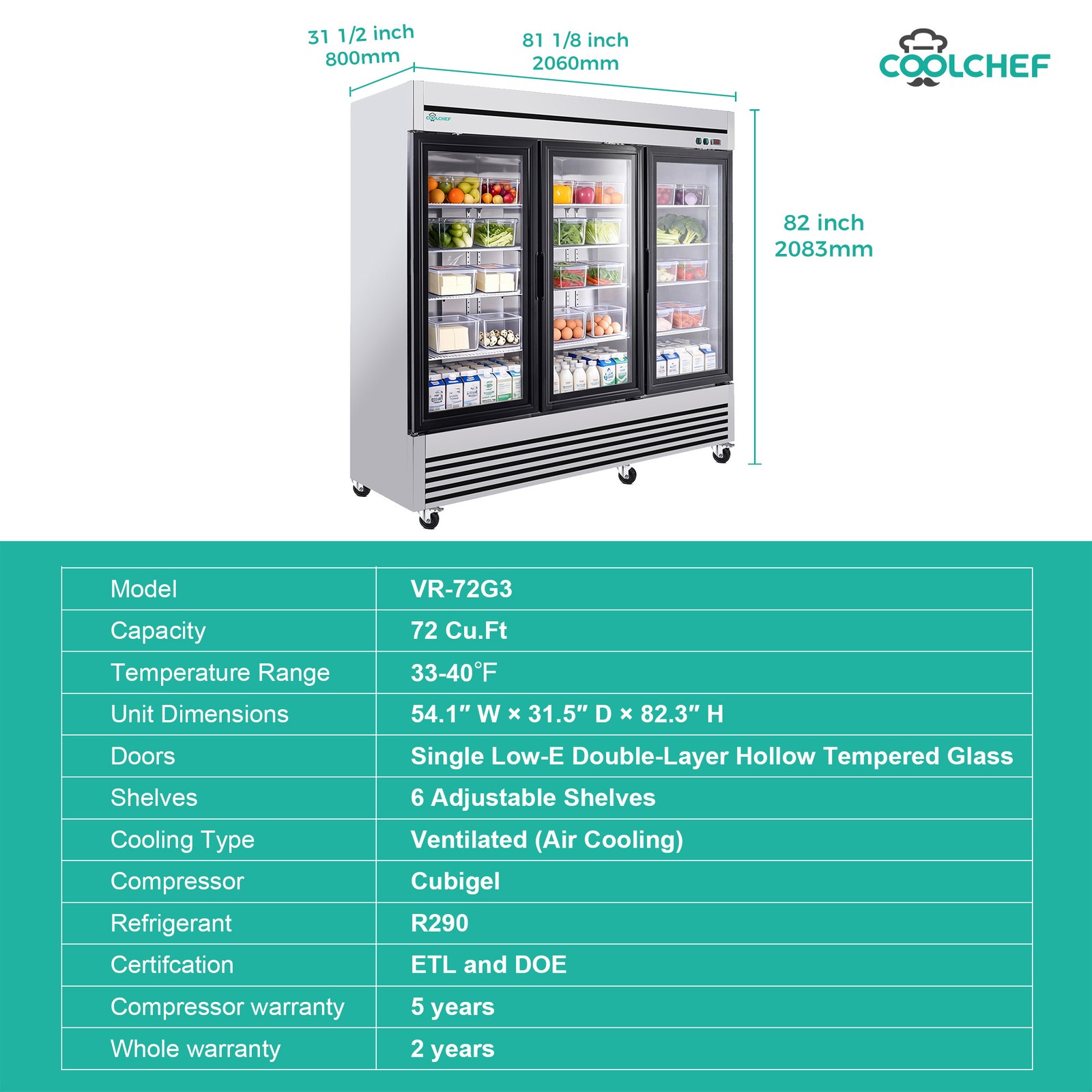 72 Cu. Ft Commercial Glass Door Refrigerator Triple-Door Merchandiser Cooler