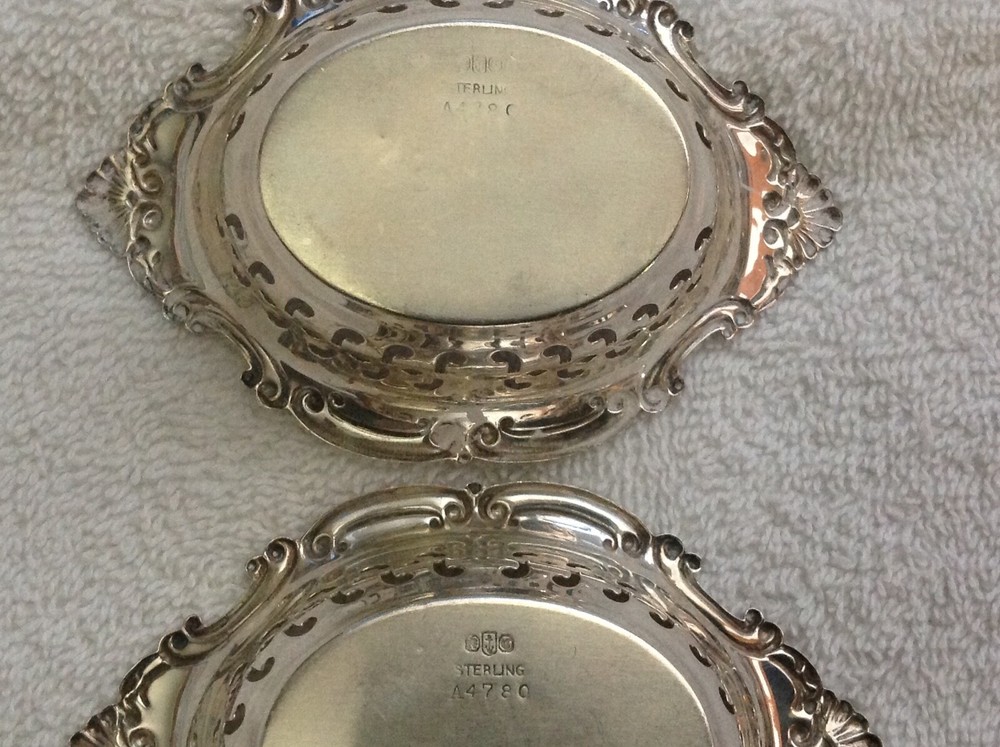 4 GORHAM STERLING SILVER PIERCED NUT BOWL DISH, ONE MONOGRAMMED