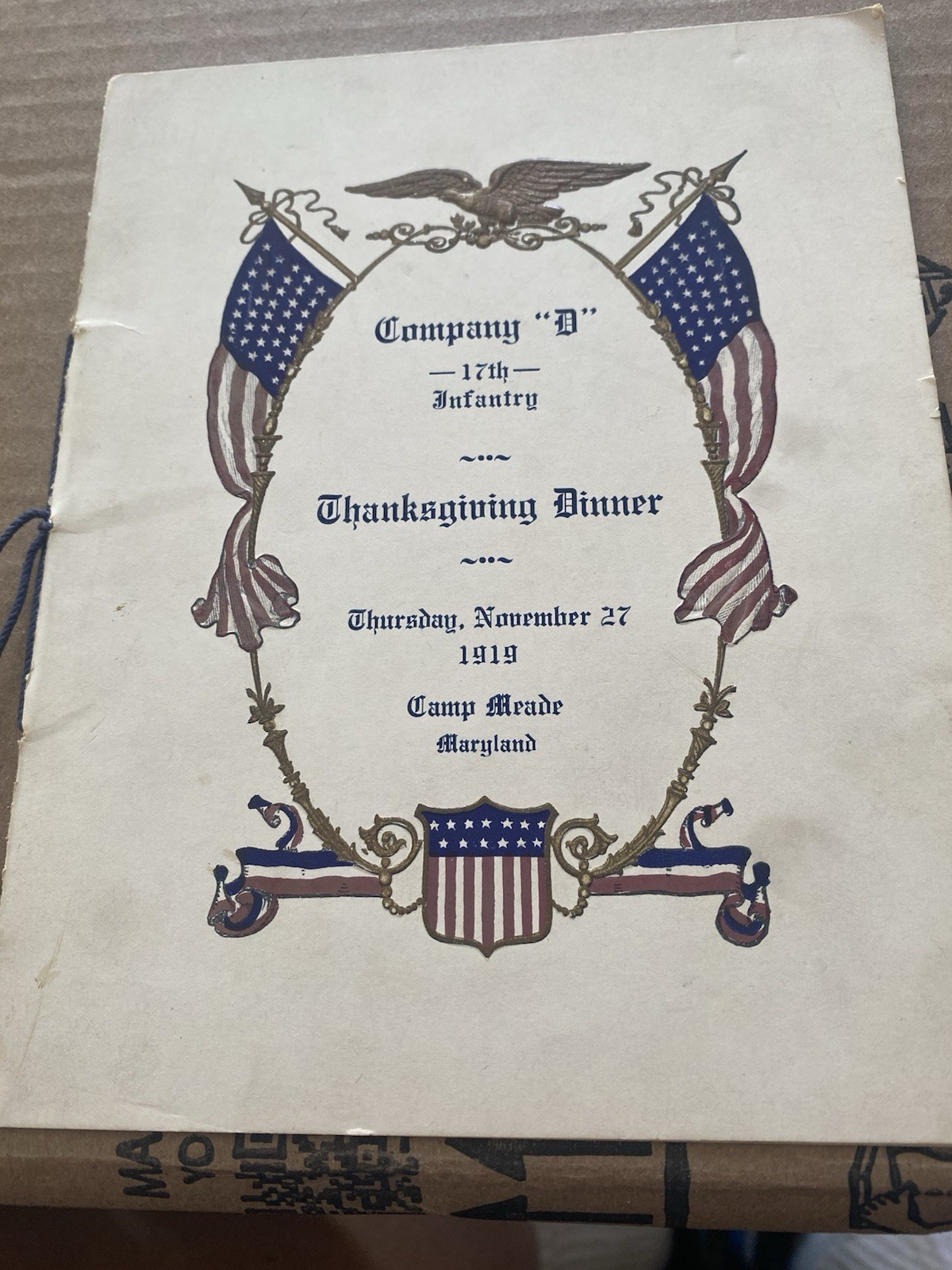 1919 Thanksgiving Military Dinner Menu Roster Camp Meade Maryland Company D