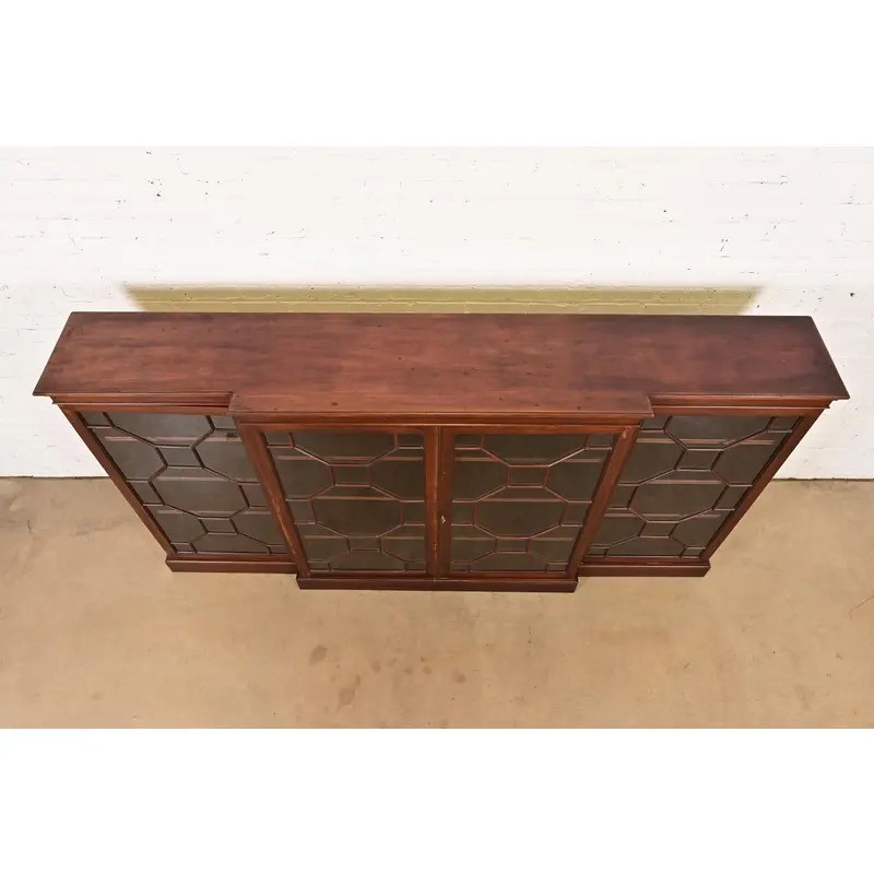 Antique Georgian Carved Mahogany Breakfront Bookcase Cabinet, Circa 1900