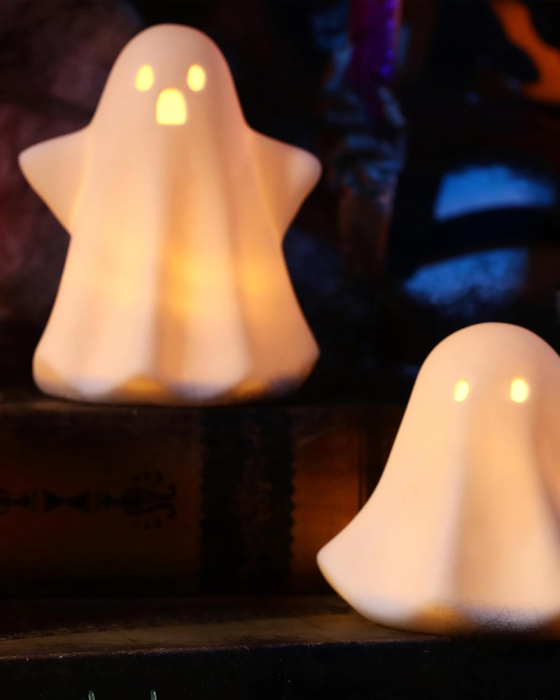 Ceramic Ghosts Small White Ghost Figurine, 3PCS Light up Ghost Decor