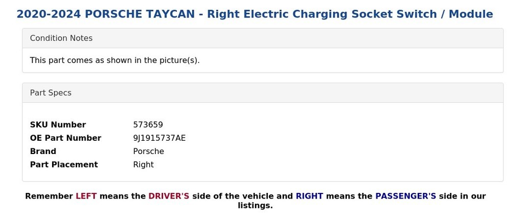 2020-2024 PORSCHE TAYCAN - Right Electric Charging Socket Switch / Module