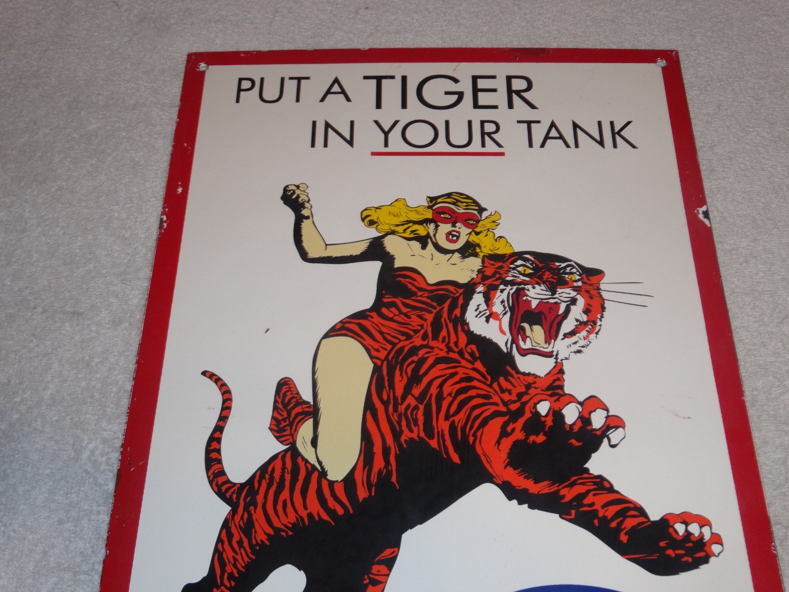 VINTAGE 1961 "ESSO CAT WOMAN RIDING TIGER" 18" PORCELAIN METAL GASOLINE OIL SIGN