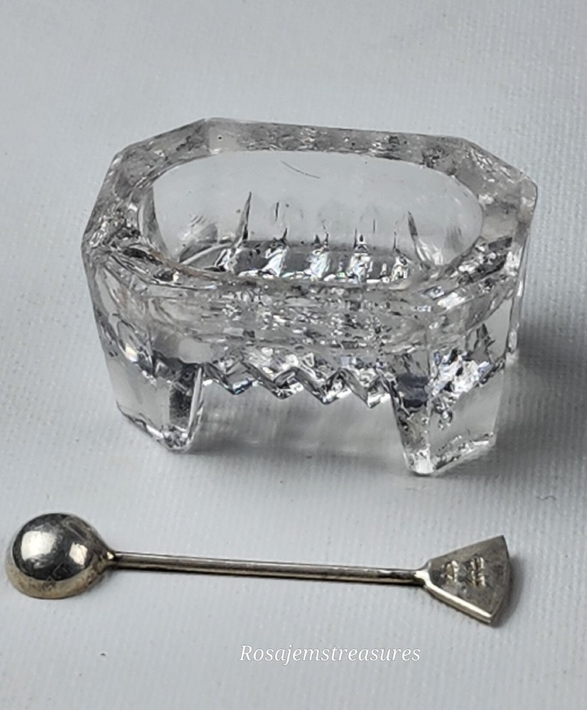 Vintage Open Footed Crystal Salt Cellar (Rectangular) with 925 Silver Spoon