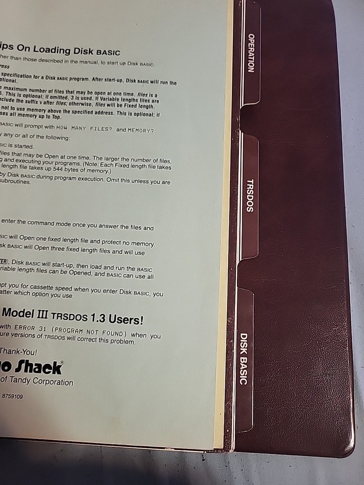 Radio Shack TRS-80 Model III 1st Computer Disk Operation System Owners Manual