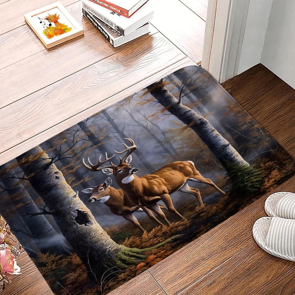 ZNLSU Deer Forest Bath Mat Cabin Rustic 1'6" x 2'6" (Rectangular), Brown Blue