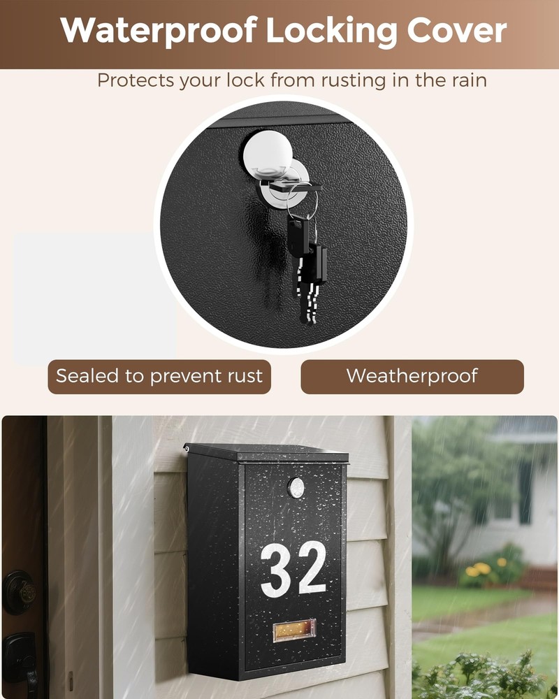 Locking Wall-Mount Mailbox for Outside with 4 Keys Galvanized Steel Rustproof...