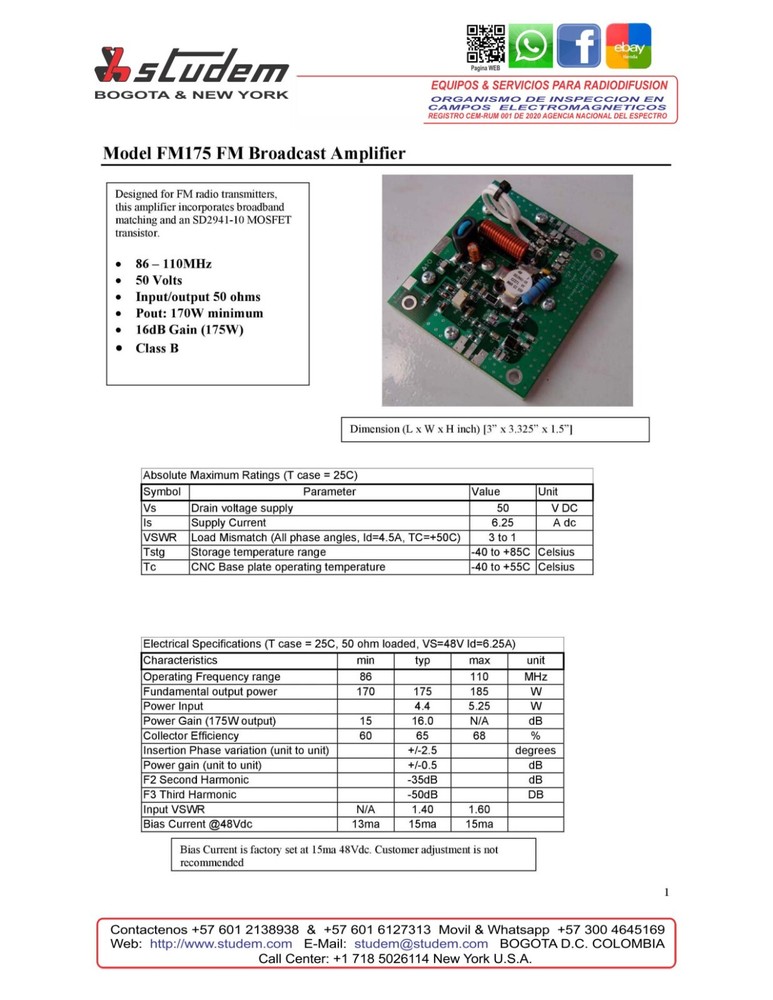 STUDEM FM BROADCAST AMPLIFIER 86 – 110MHz Pout: 170W