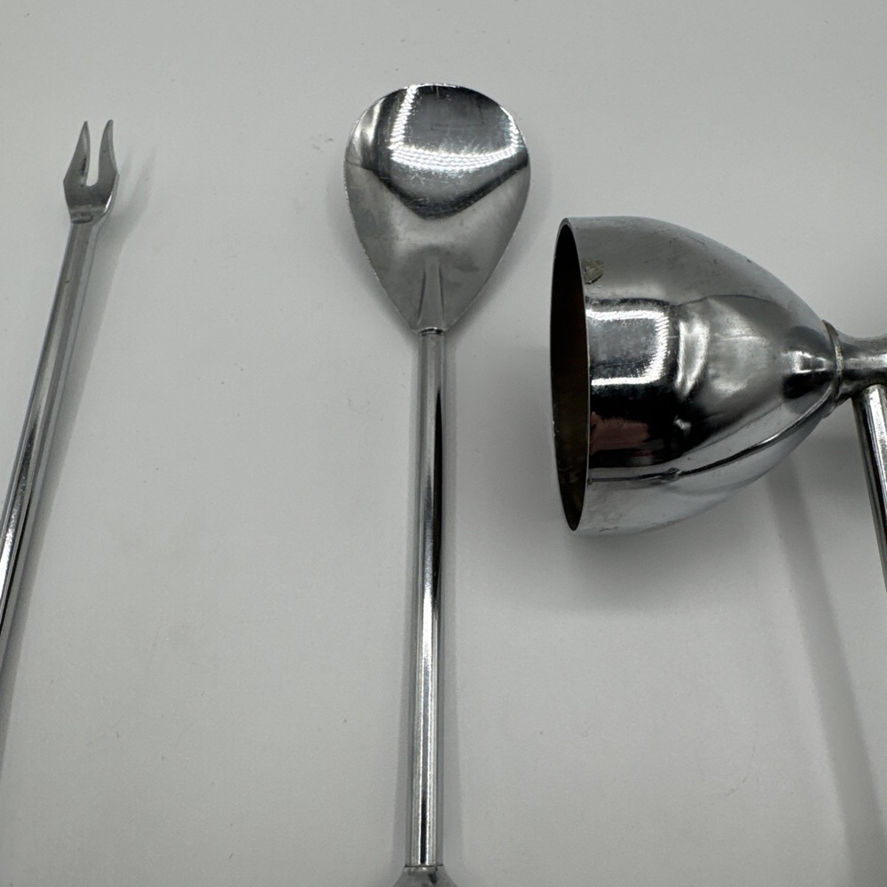 Vintage Nautical Anchor Handle Bar Tools Set Jigger Spoon Olive Fork Chrome