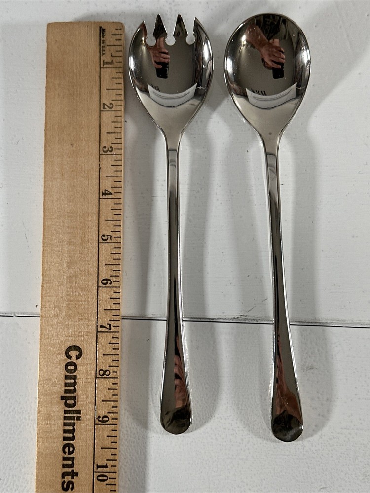 Italy Silver Plate Salad Server Spoon and Fork Utensils 9" Glossy Vintage